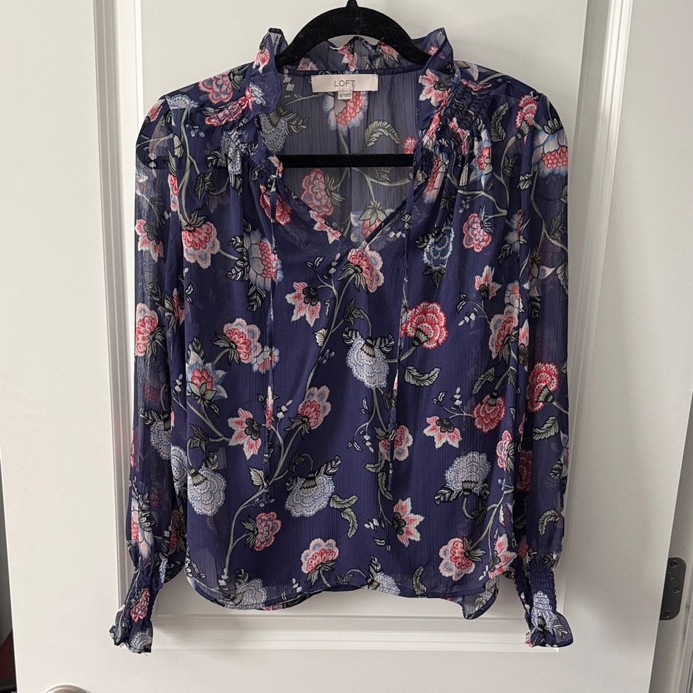 LOFT Floral Ruffle Tie-Front Blouse